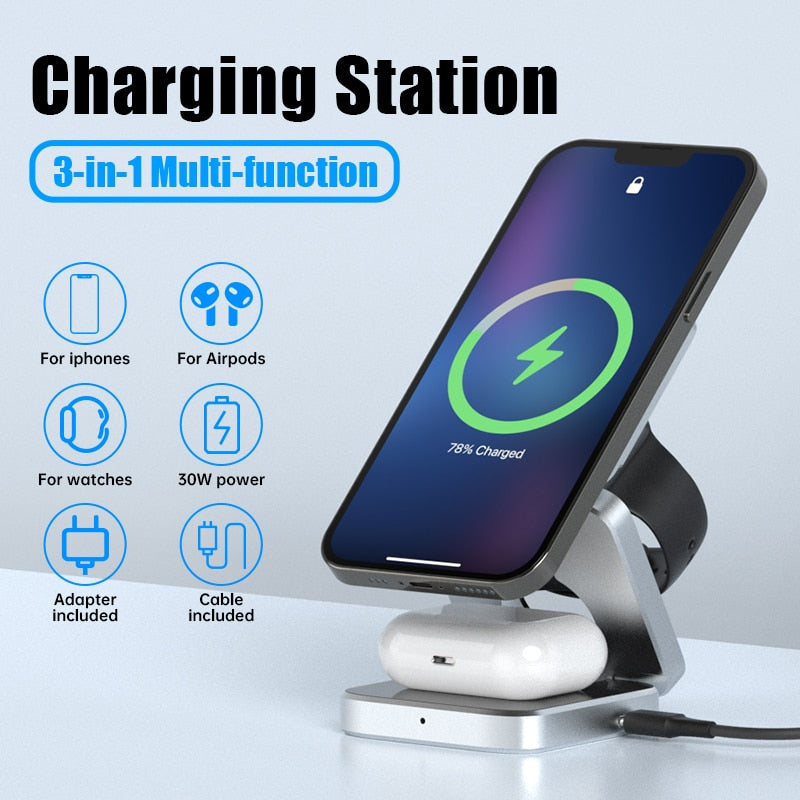 3 In 1 Foldable Magnetic Wireless Charger Stand For iPhone 14, 13, 12 Pro/Max/Plus, AirPods 3/2 Station Dock Fast Charger Holder