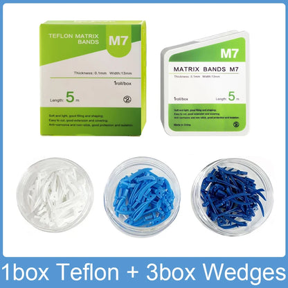 5m/roll Dental Teflon Matrix Bands Anti-corrosive Non-Stick Matrix Strips Matrices 120pcs Dental Wedge Plastic Wedges with Hole