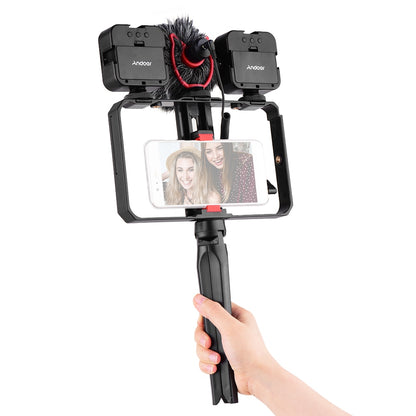 Video Cage Kit 2pcs Mini LED Fill Lights Mic with Shock Mount Wind Screen Handheld Smartphone Video Bracket Desktop Tripod Stand