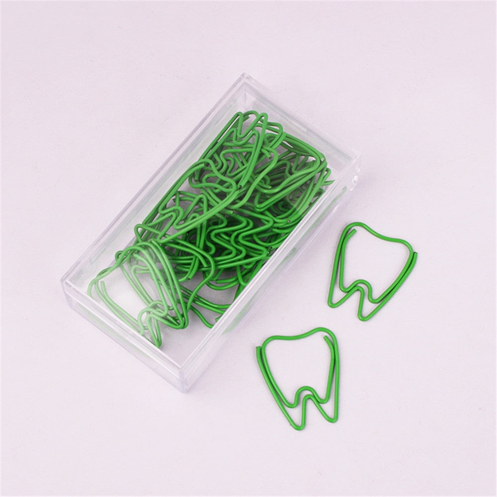 20pcs/box Cute Green Tooth Shape Paper Clips Escolar Bookmarks Photo Memo Ticket Clip Creative Stationery School Office Supplies