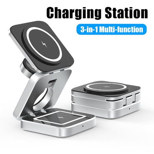 3 In 1 Foldable Magnetic Wireless Charger Stand For iPhone 14, 13, 12 Pro/Max/Plus, AirPods 3/2 Station Dock Fast Charger Holder