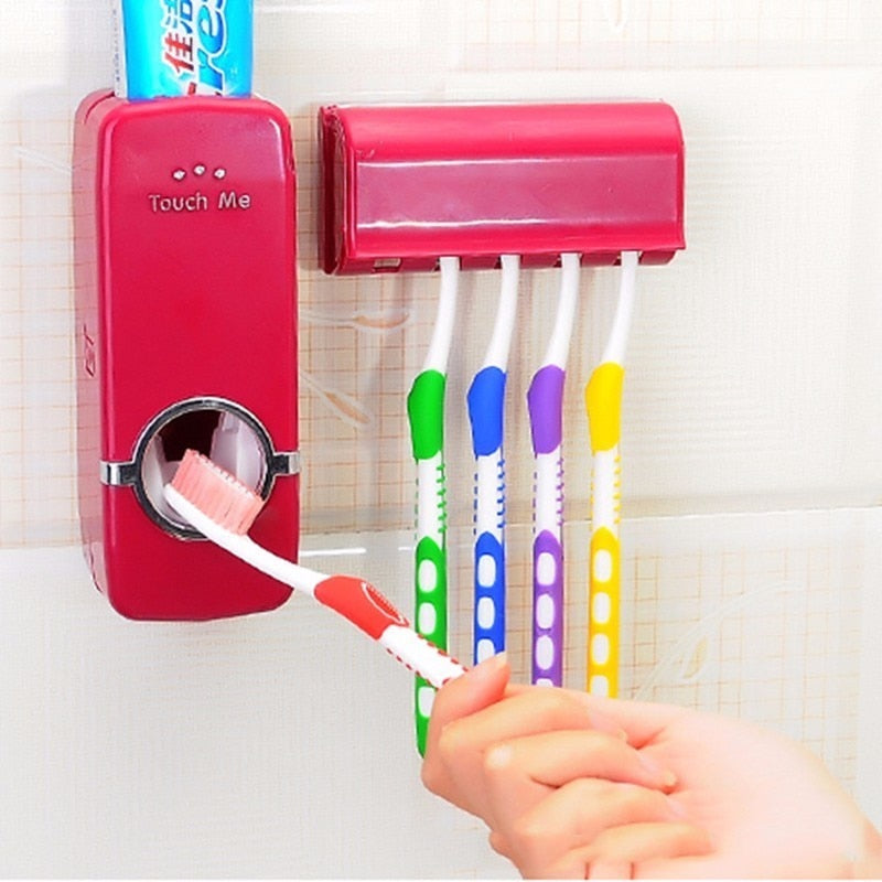 1 Set Tooth Brush Holder Automatic Toothpaste Dispenser + 5 Toothbrush Holder Toothbrush Wall Sucker Mount Bathroom Tools