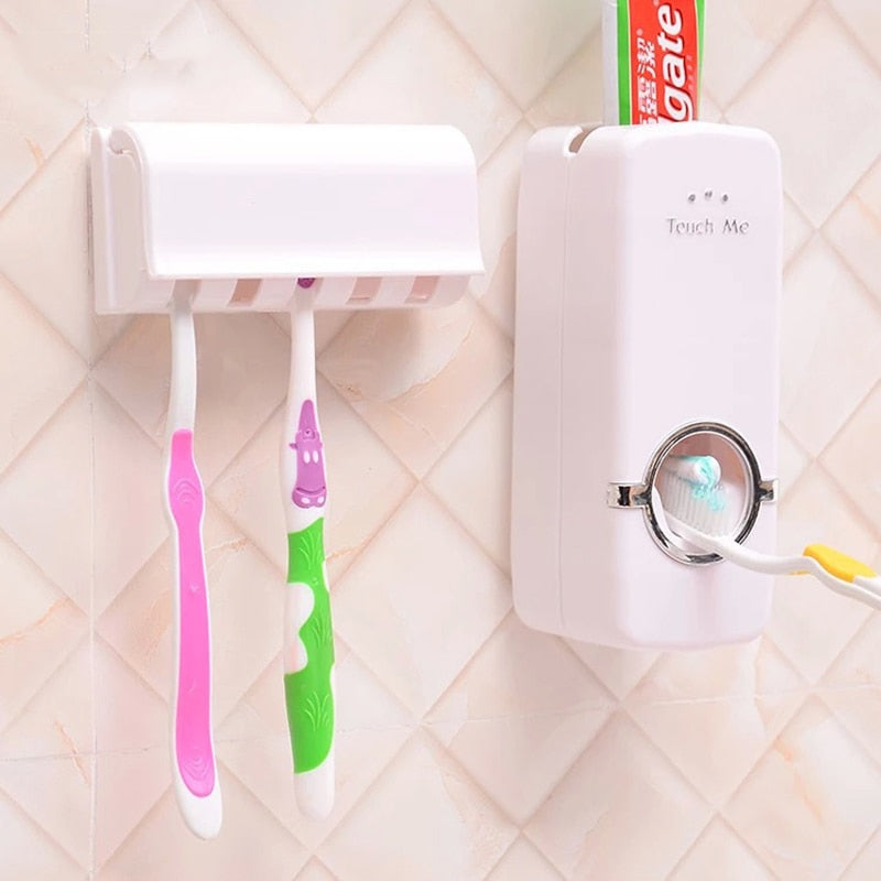 1 Set Tooth Brush Holder Automatic Toothpaste Dispenser + 5 Toothbrush Holder Toothbrush Wall Sucker Mount Bathroom Tools